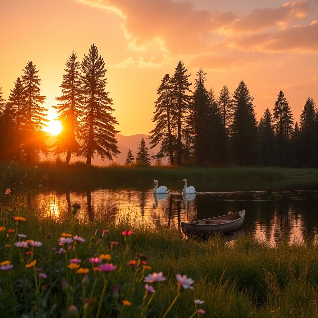 A serene landscape at sunset featuring a tranquil lake surrounded by tall pine trees, with the sun casting a warm golden light reflecting off the water