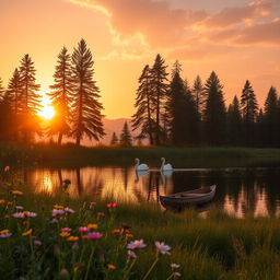A serene landscape at sunset featuring a tranquil lake surrounded by tall pine trees, with the sun casting a warm golden light reflecting off the water