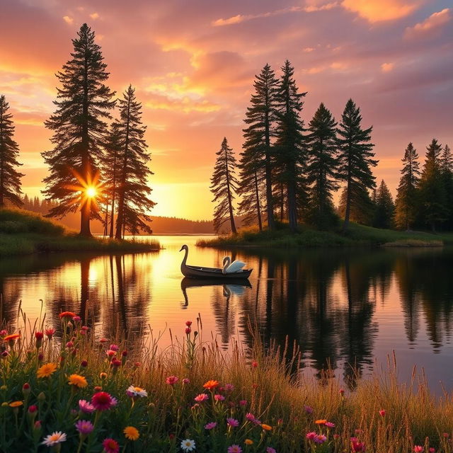 A serene landscape at sunset featuring a tranquil lake surrounded by tall pine trees, with the sun casting a warm golden light reflecting off the water