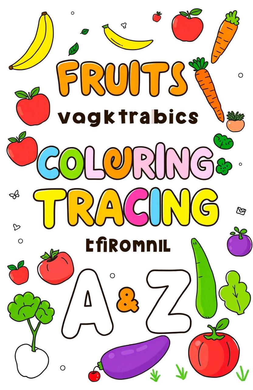 An educational coloring and tracing book cover design focused on fruits and vegetables from A to Z