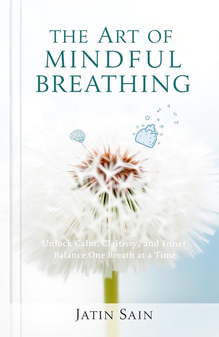 A book cover featuring a close-up of a dandelion clock, with seeds gracefully floating away and transforming into abstract symbols that represent the benefits of mindful breathing, including a brain for clarity and a heart for emotional regulation