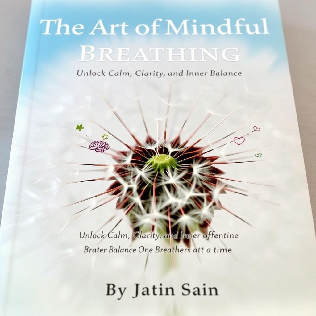 A book cover featuring a close-up of a dandelion clock, with delicate seeds floating away and transforming into small, abstract symbols that represent the various benefits of mindful breathing, including a brain symbolizing clarity and a heart representing emotional regulation