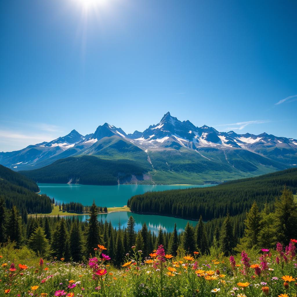 A stunning landscape featuring a picturesque mountain range under a clear blue sky, with a serene lake reflecting the peaks, lush green forests surrounding the area, vibrant wildflowers in the foreground, and a warm golden sunlight illuminating the scene