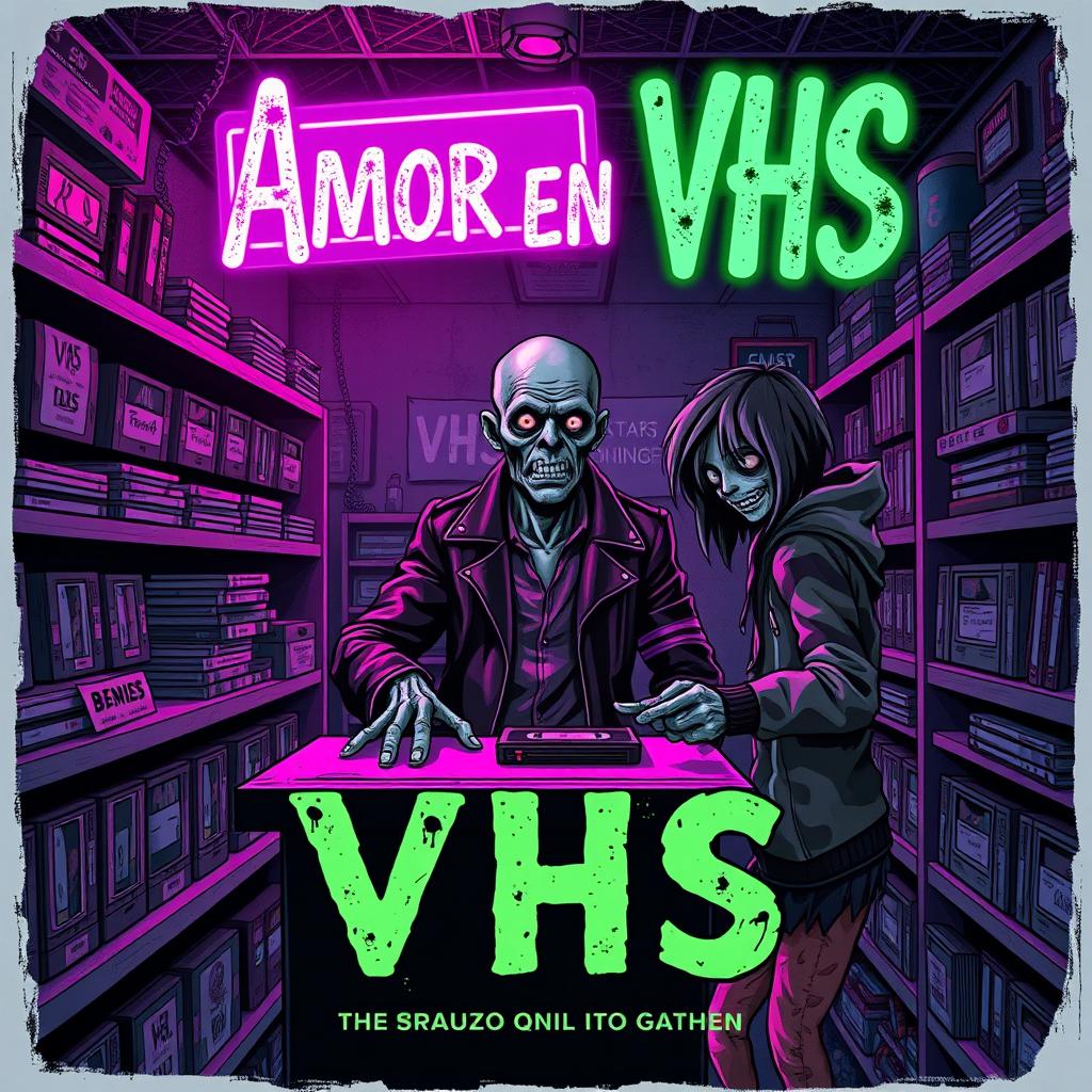 A zombie-themed book cover with an ironic tone for a story titled 'Amor en VHS'