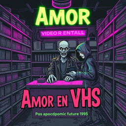 A zombie-themed book cover with an ironic tone for a story titled 'Amor en VHS'