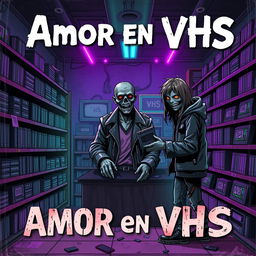 A zombie-themed book cover with an ironic tone for a story titled 'Amor en VHS'