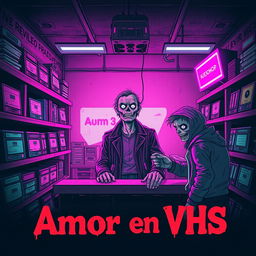 A zombie-themed book cover with an ironic tone for a story titled 'Amor en VHS'