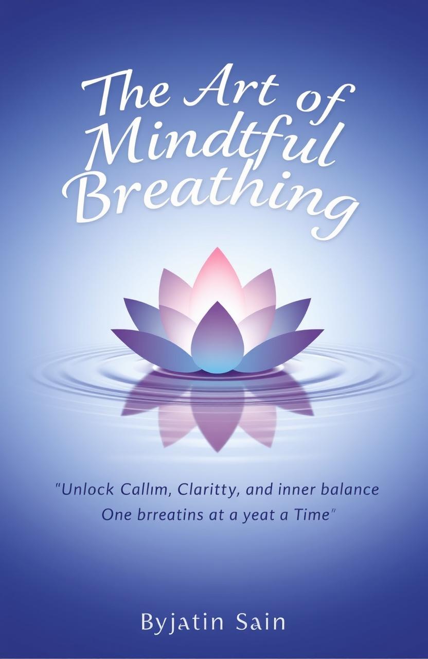 A book cover for 'The Art of Mindful Breathing' featuring a stylized lotus flower, with each petal symbolizing different aspects of mindful breathing such as focus, calm, and clarity