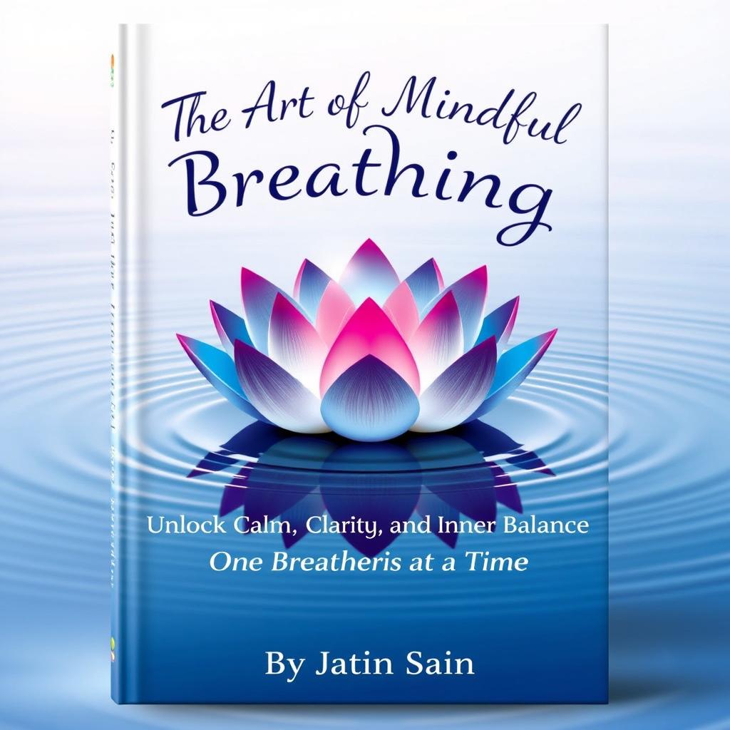 A book cover for 'The Art of Mindful Breathing' featuring a beautifully stylized lotus flower, with each petal vividly representing different aspects of mindful breathing such as focus, calm, and clarity