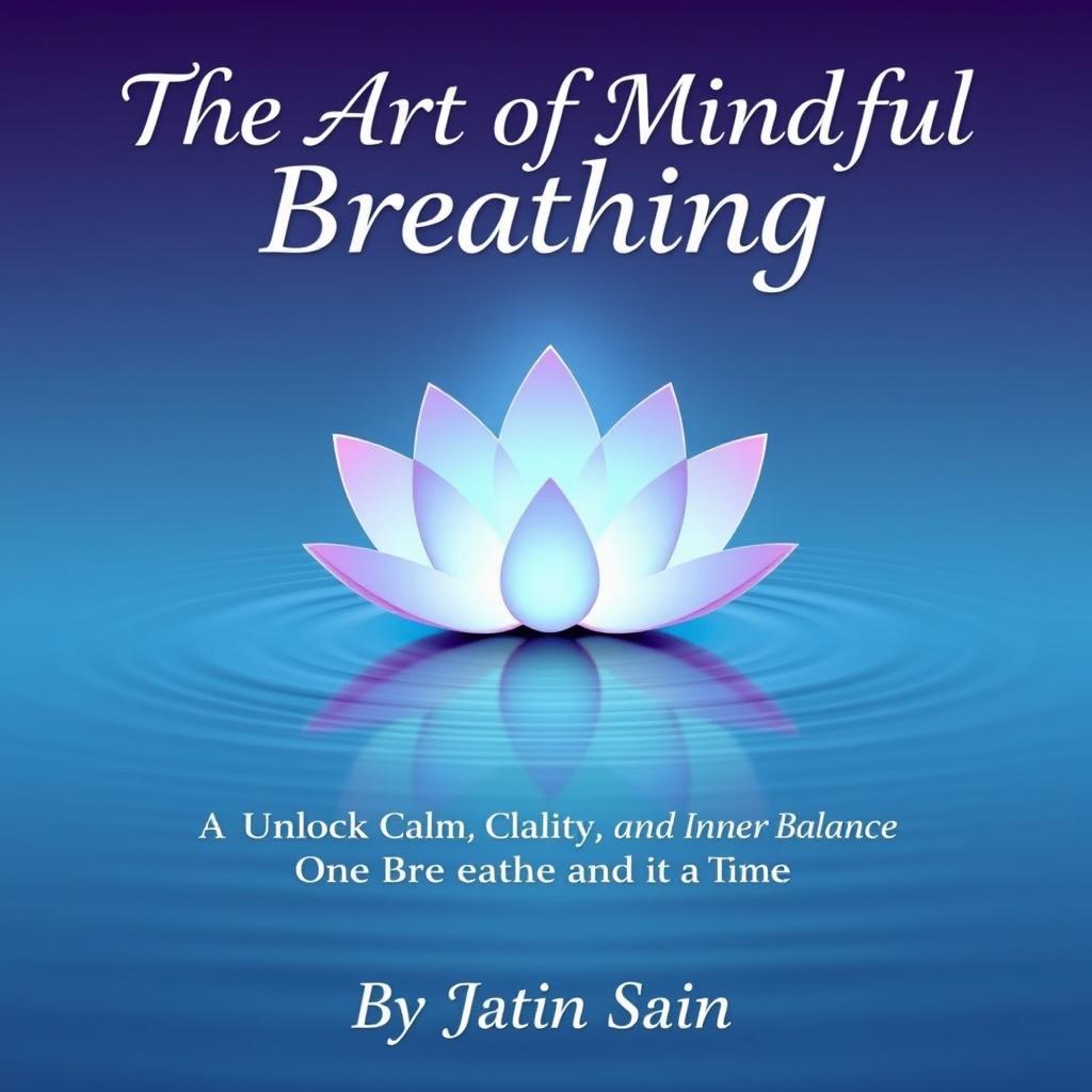 A visually captivating book cover for 'The Art of Mindful Breathing' showcasing a stylized lotus flower, with each petal symbolizing unique aspects of mindful breathing such as focus, calm, and clarity