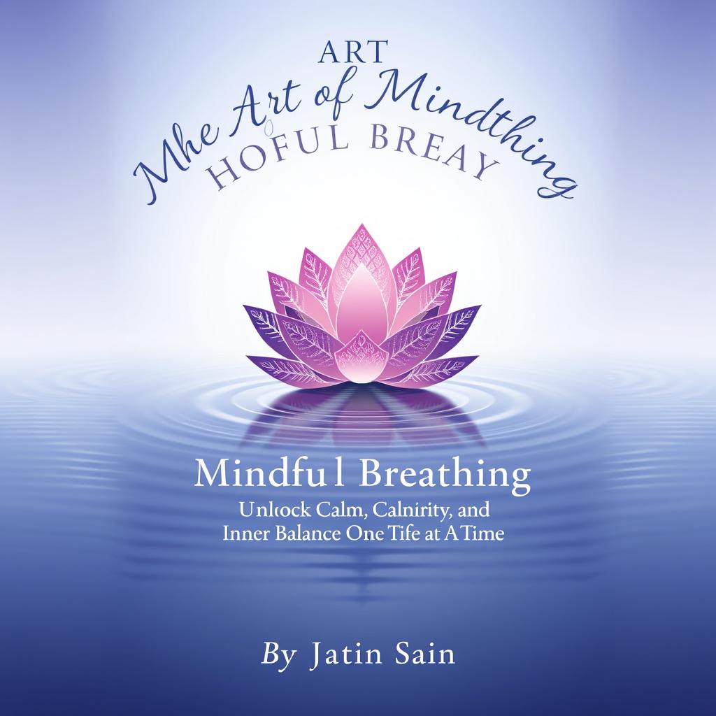 A book cover designed for 'The Art of Mindful Breathing' showcasing a stylized lotus flower at its center