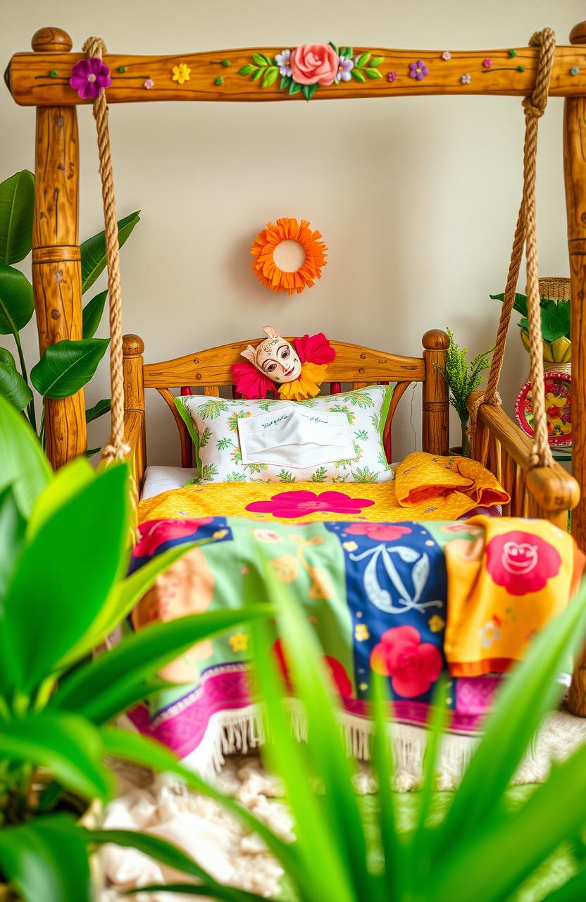 A whimsical scene depicting a bed draped in colorful fabrics, featuring a vibrant design with a COVID-19 mask resting on the pillow