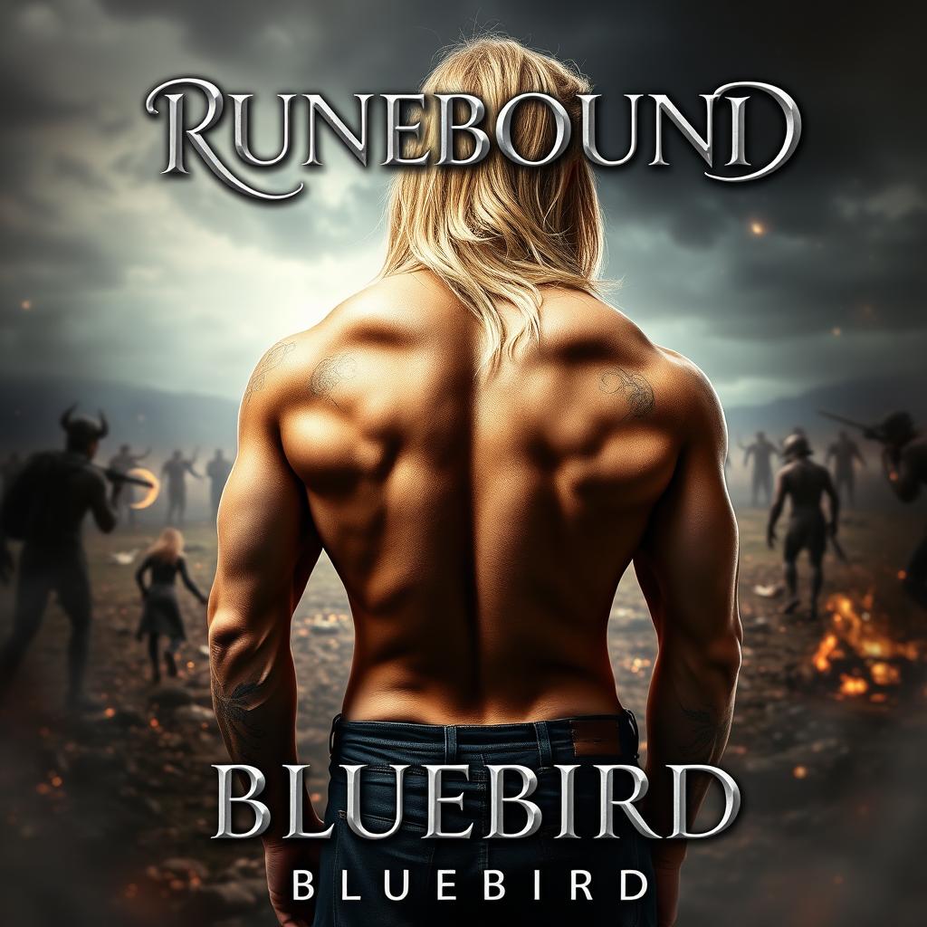 A stunning fantasy book cover featuring the title "RUNEBOUND" prominently displayed at the top in elegant silver cursive lettering with a subtle shadow for added depth