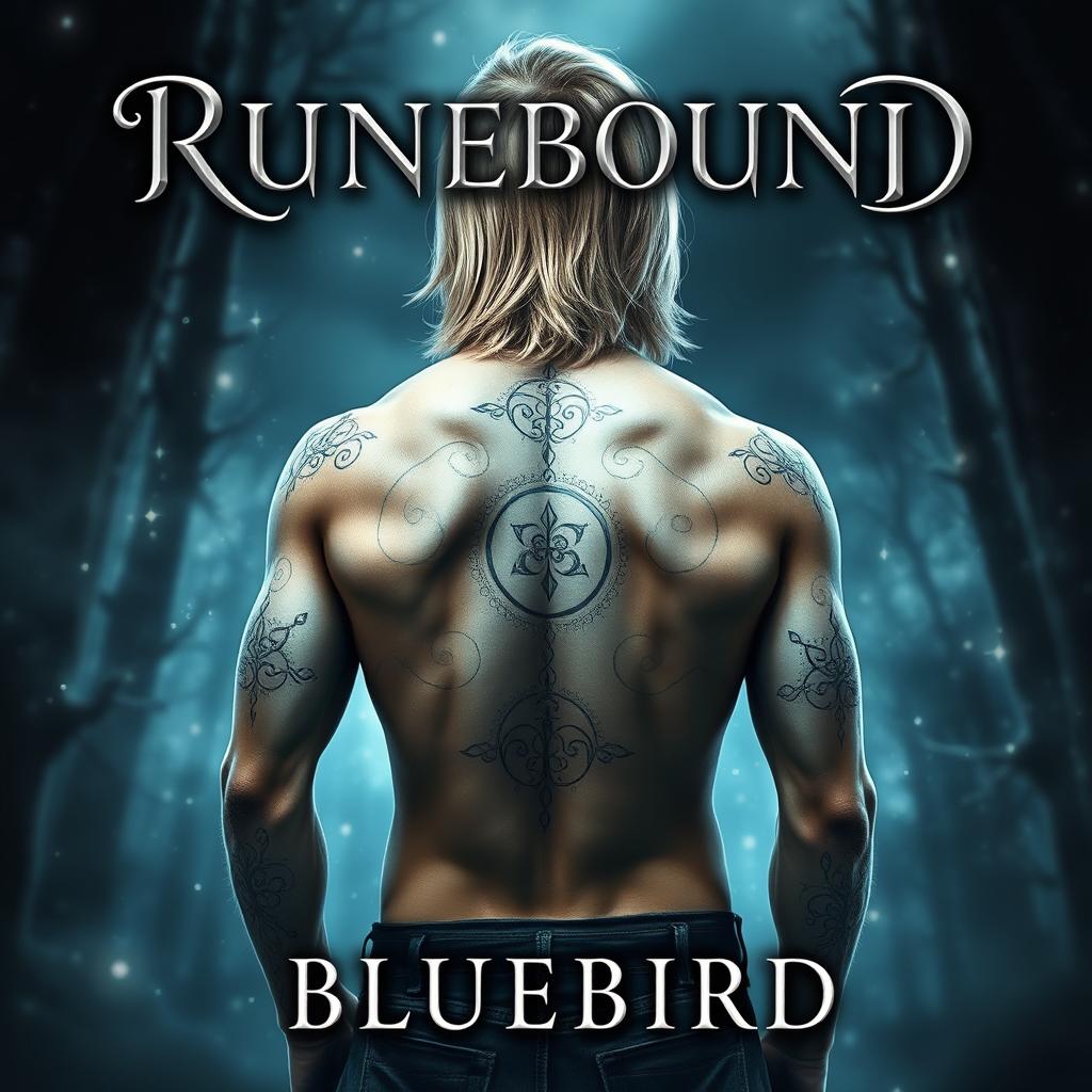 An enchanting fantasy book cover featuring the title "RUNEBOUND" displayed prominently at the top in elegant silver cursive lettering, complete with a shadow to enhance its presence