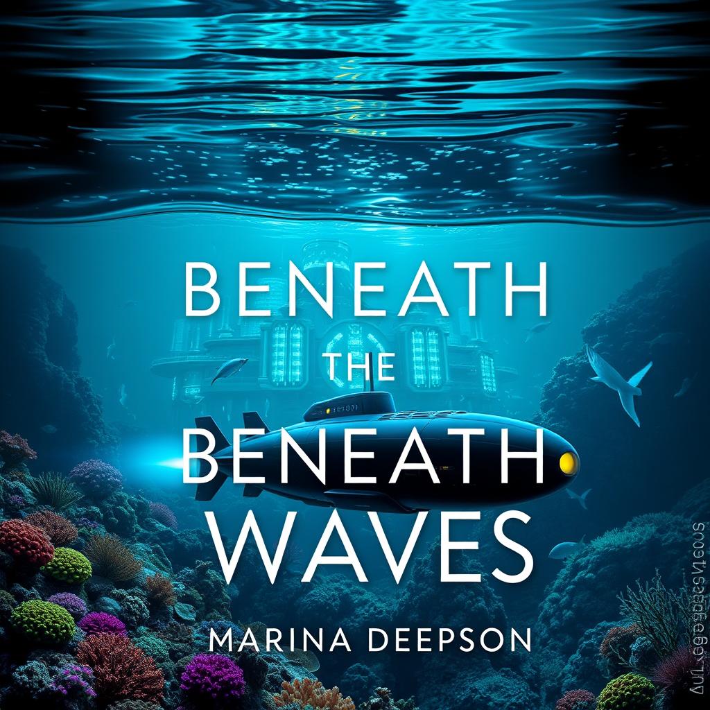 A mesmerizing book cover design for 'Beneath the Waves' by Marina Deepson, featuring a stunning underwater sci-fi scene