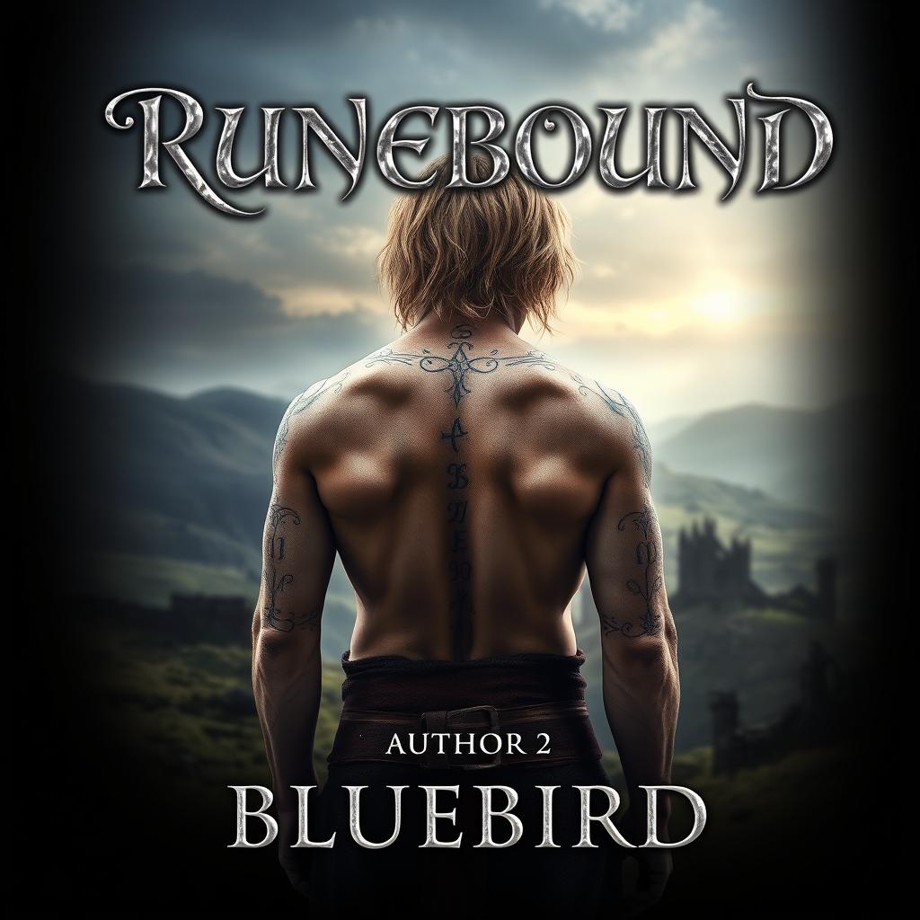 An enchanting fantasy book cover titled "RUNEBOUND," displayed prominently at the top in silver cursive lettering, complete with a soft shadow for depth