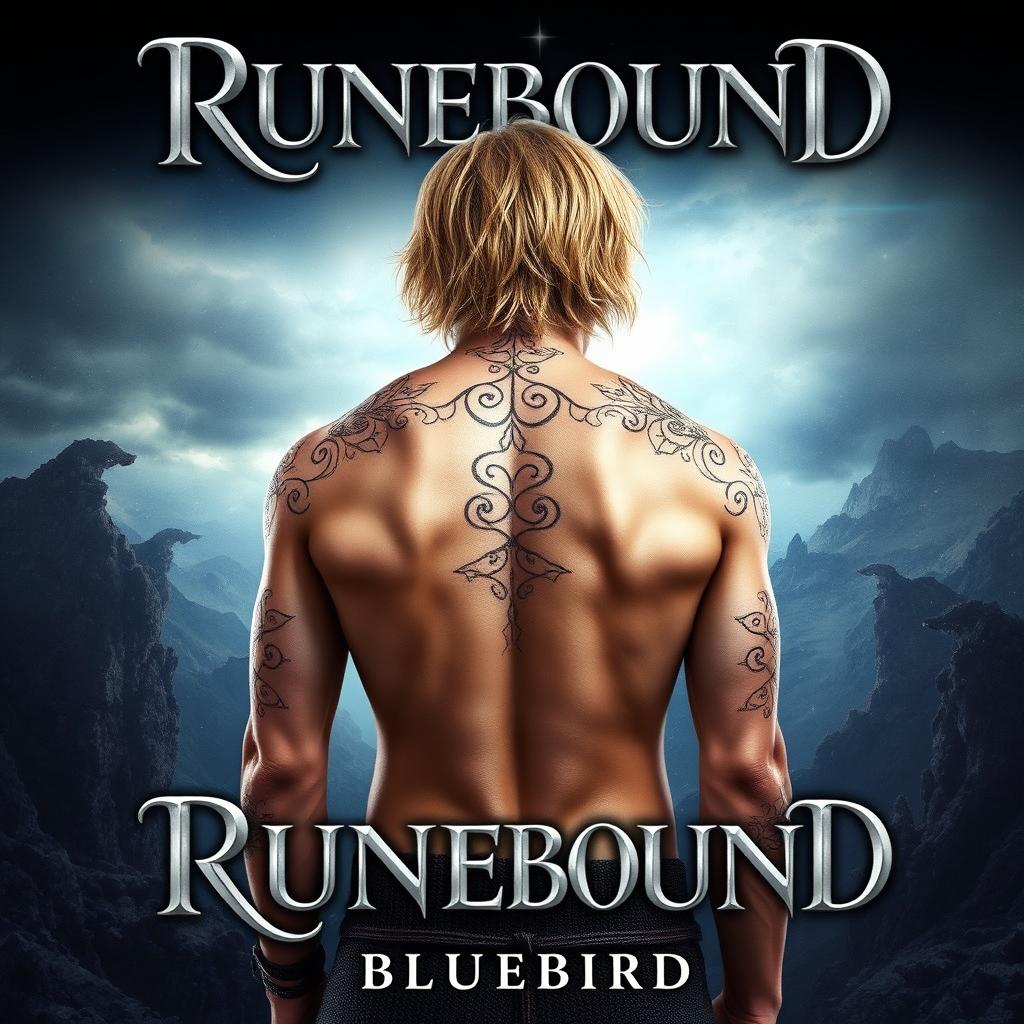 An exquisite fantasy book cover titled "RUNEBOUND," displayed at the top in shimmering silver cursive lettering, beautifully accented with a shadow for depth