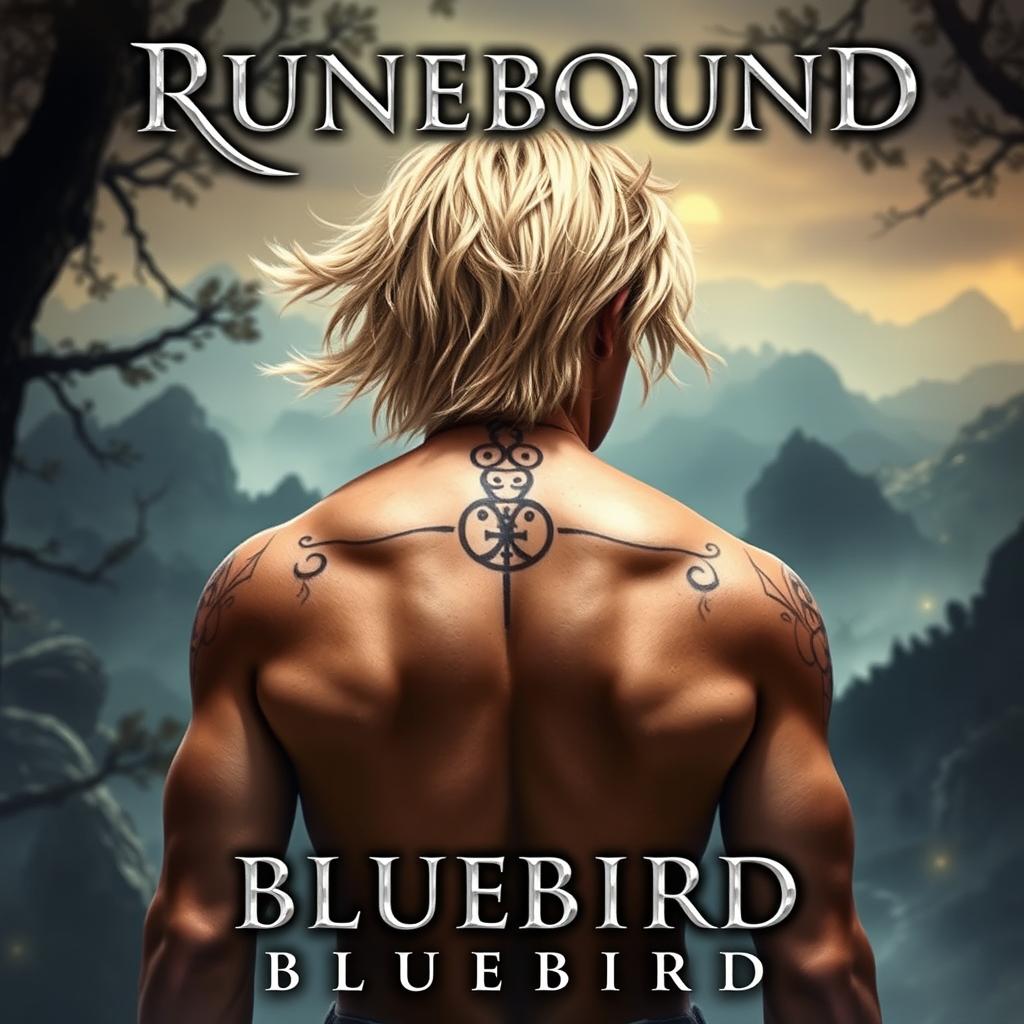 An alluring fantasy book cover titled "RUNEBOUND," positioned prominently at the top in elegant silver cursive lettering, finished with a soft shadow to give it depth