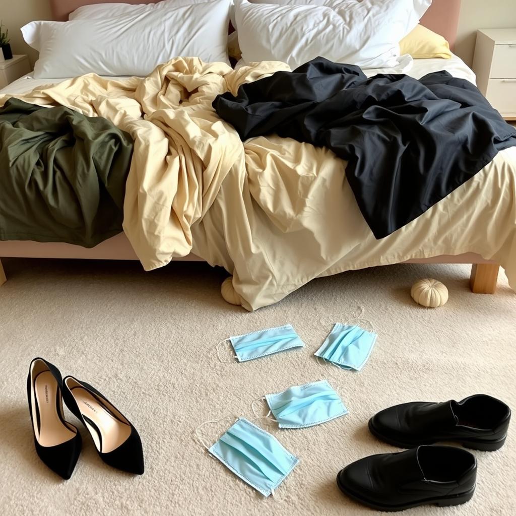A bedroom with an unmade bed, featuring crumpled blankets and pillows scattered in a relaxed manner