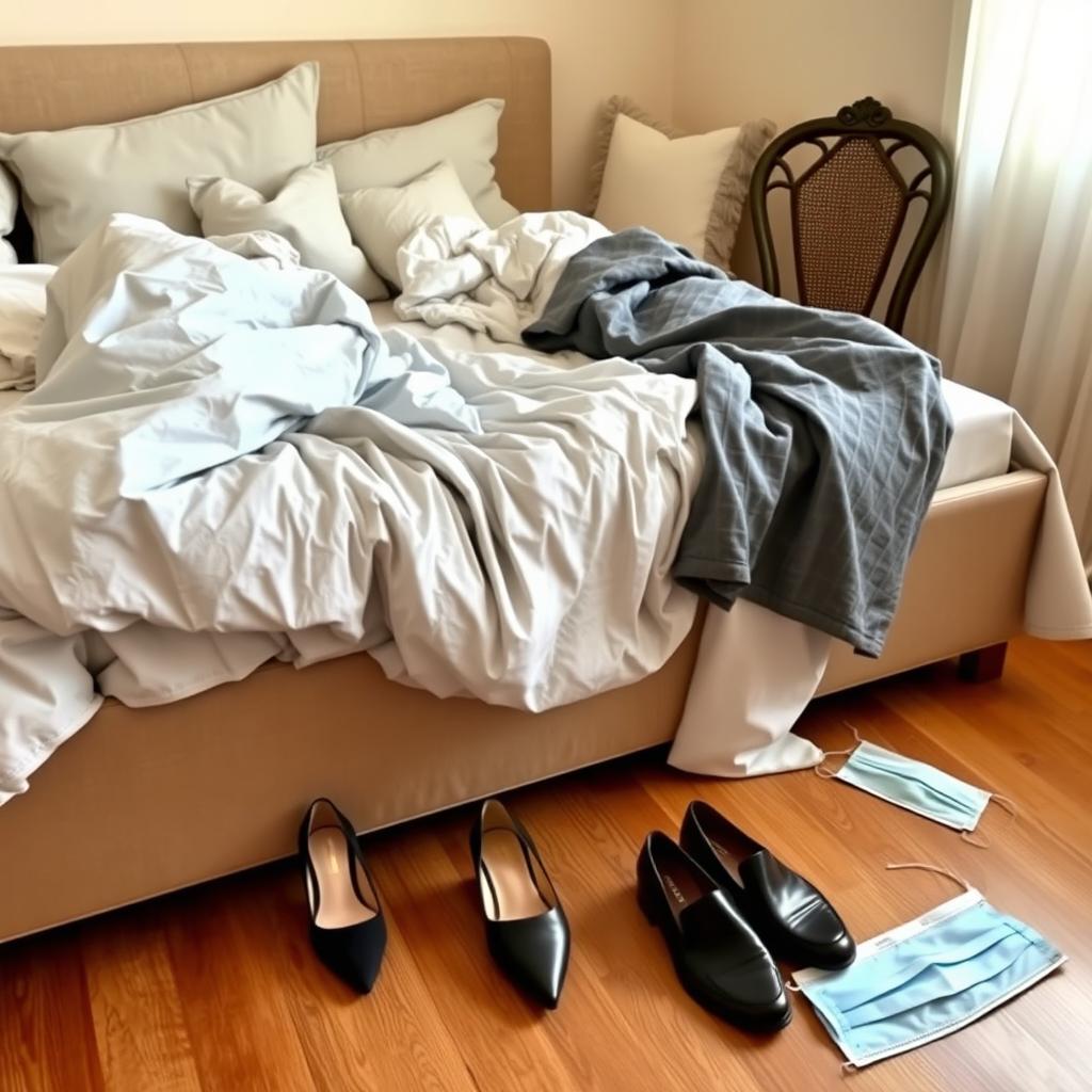 A bedroom with an unmade bed, showcasing crumpled blankets and pillows in a relaxed style