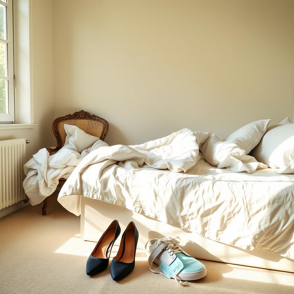 A bedroom with a window letting in soft natural light, featuring an unmade bed with crumpled blankets and scattered pillows, evoking a relaxed atmosphere
