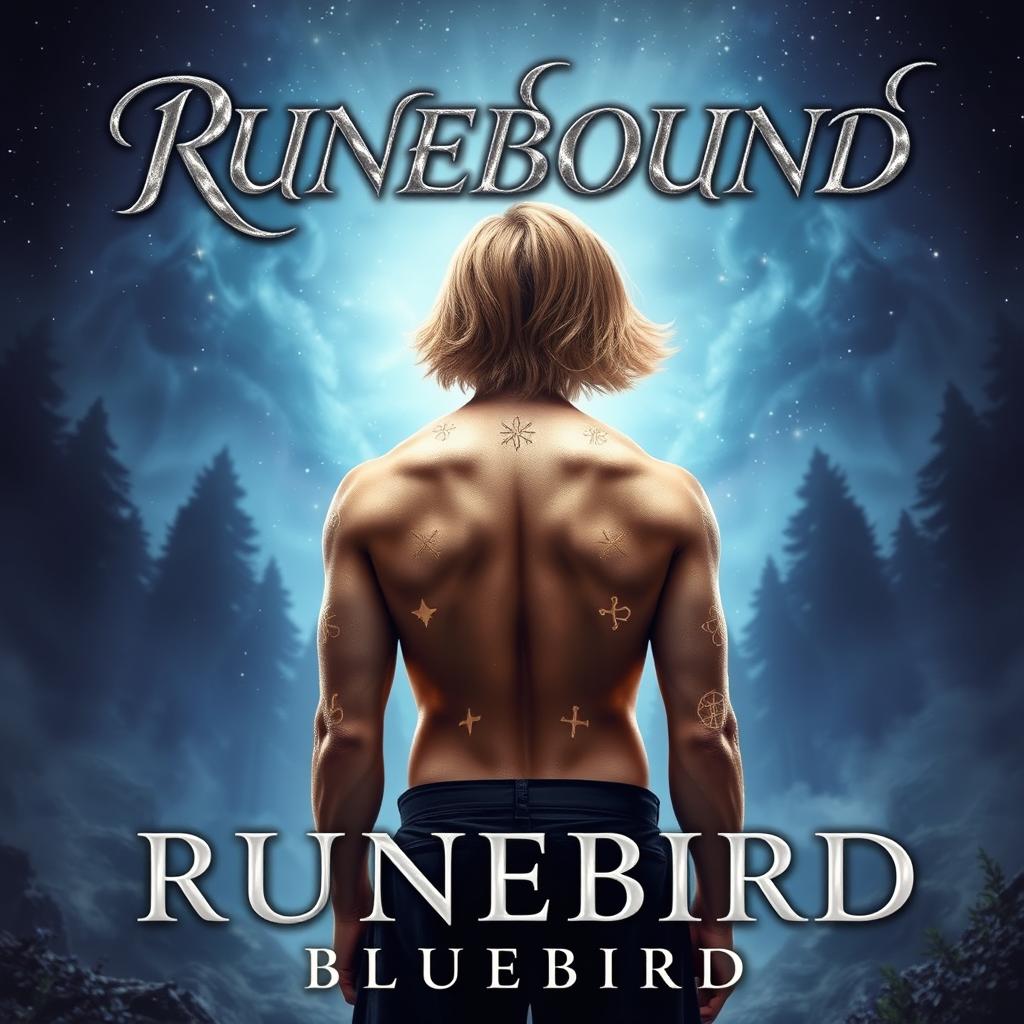 A captivating fantasy book cover featuring the title "RUNEBOUND" in shimmering silver cursive lettering at the top, elegantly enhanced by a soft shadow for depth