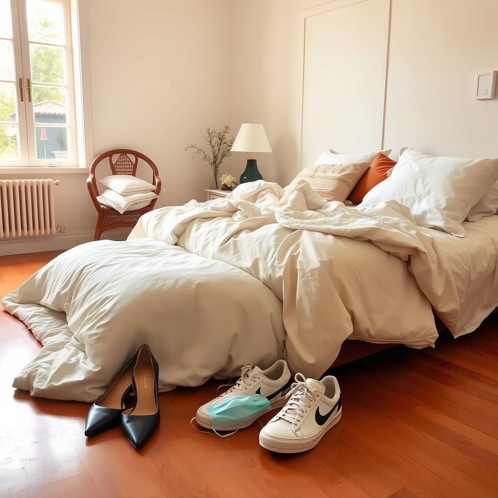 A bright bedroom with a window allowing soft natural light to pour in, featuring an unmade bed with crumpled blankets and scattered pillows that create a relaxed and inviting atmosphere
