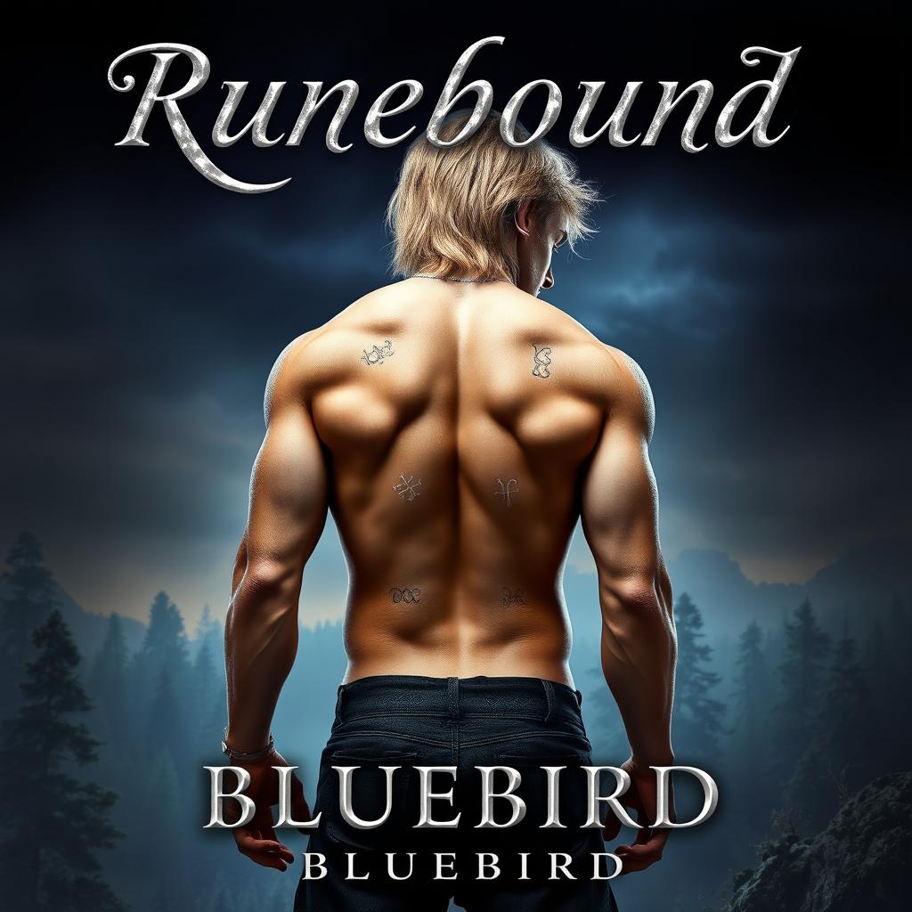 An exquisite fantasy book cover with the title "RUNEBOUND" displayed prominently at the top in shimmering silver cursive lettering, enhanced with a soft shadow for depth