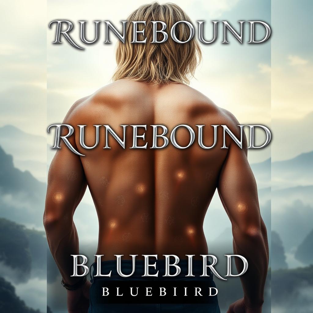 A striking fantasy book cover titled "RUNEBOUND," with the title displayed in elegant silver cursive lettering at the top, slightly overlapping a male figure whose bare back is facing us