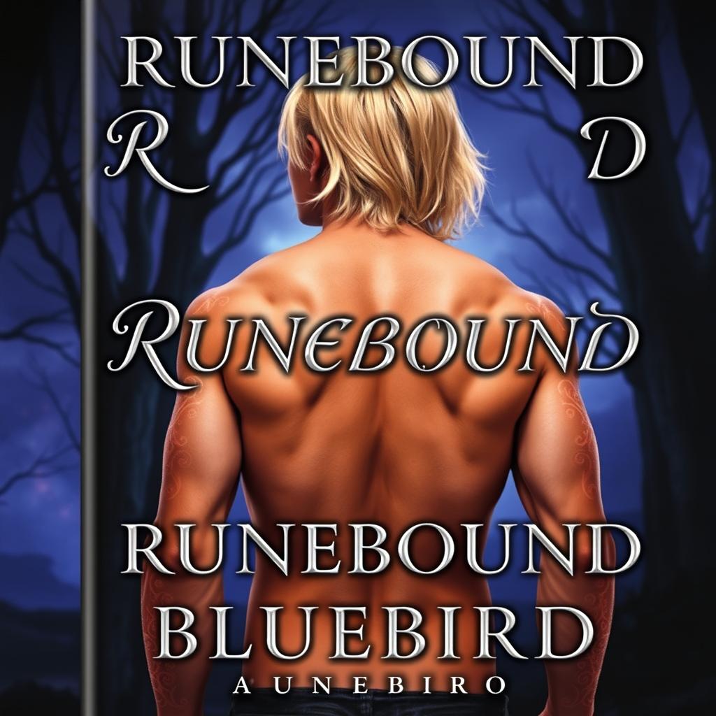 A stunning fantasy book cover titled "RUNEBOUND" prominently displayed in elegant silver cursive lettering at the top, casting a soft shadow for added dimension