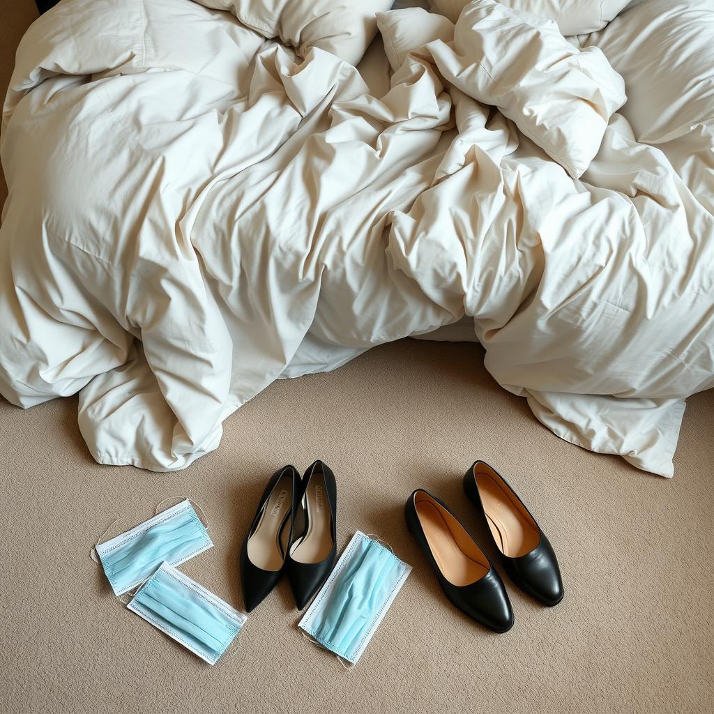 A scene featuring an unmade bed with crumpled blankets and scattered pillows, conveying a casual and lived-in atmosphere