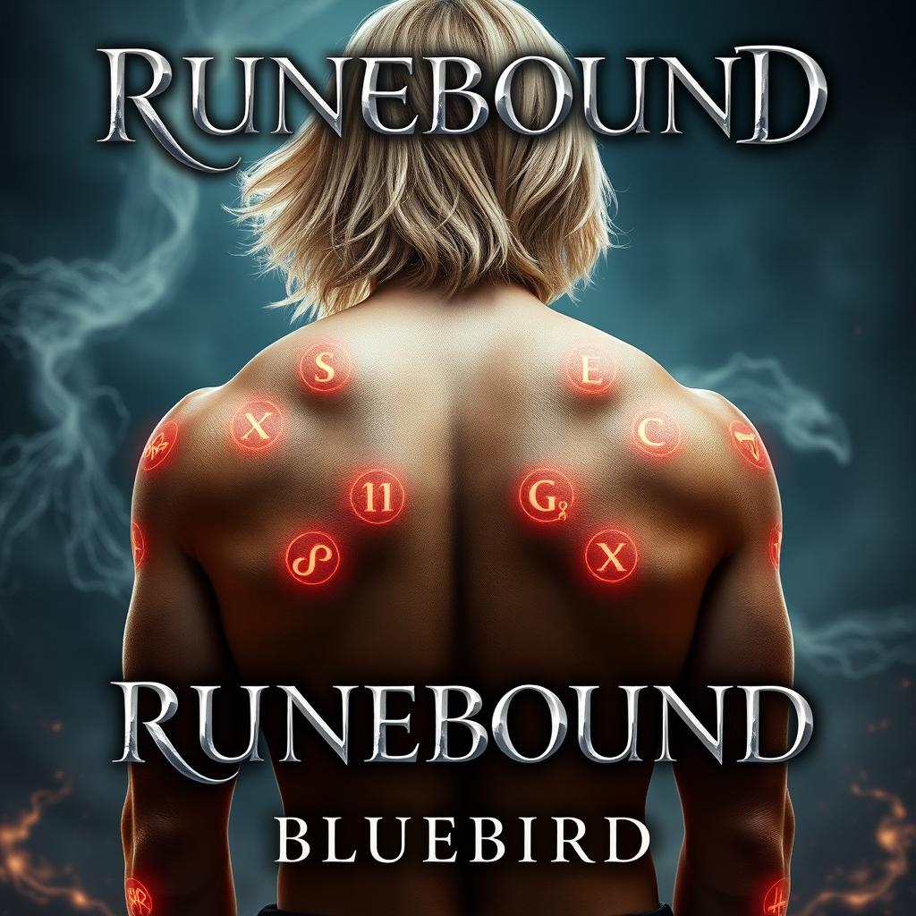 A fantasy book cover featuring a male figure with their bare back facing the viewer