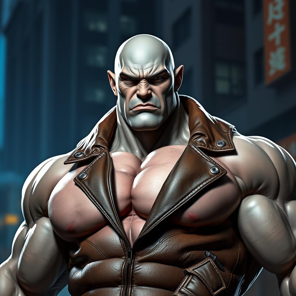 A muscular male Goliath character with striking grey skin, exuding strength and power