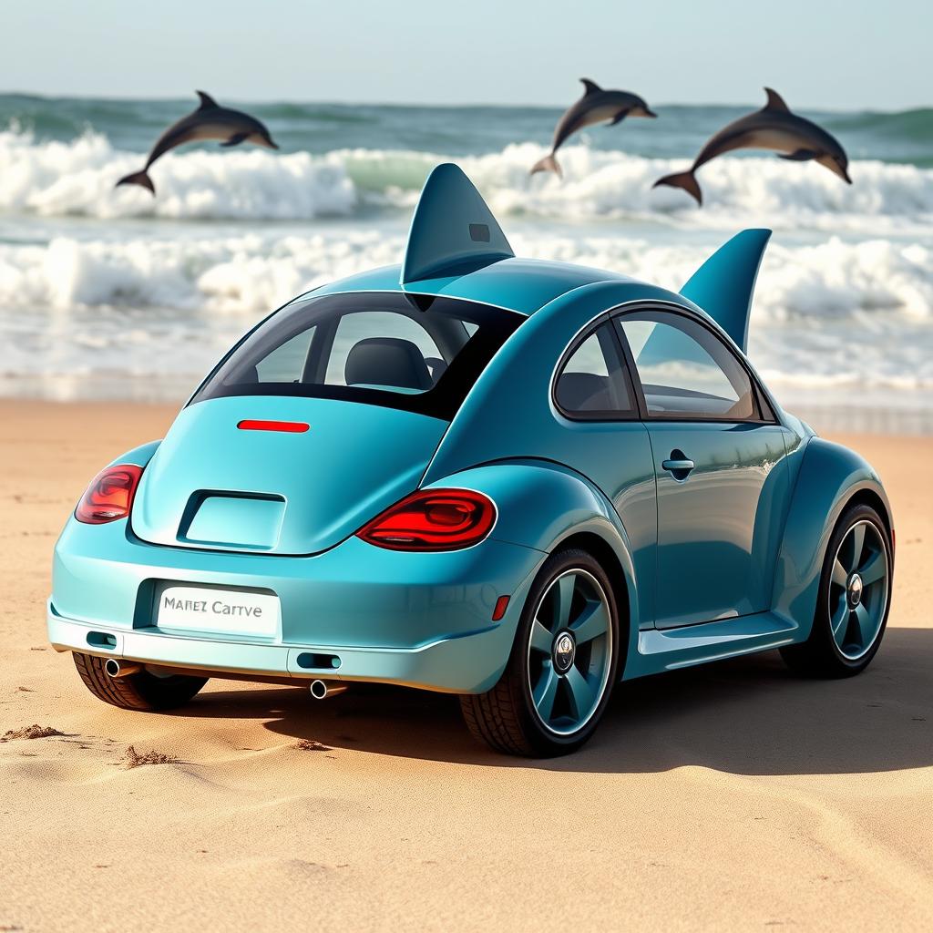 A unique concept car designed in the shape of a shark, inspired by the classic Volkswagen Beetle, combining the sleek curves of a shark with the iconic rounded features of the Beetle