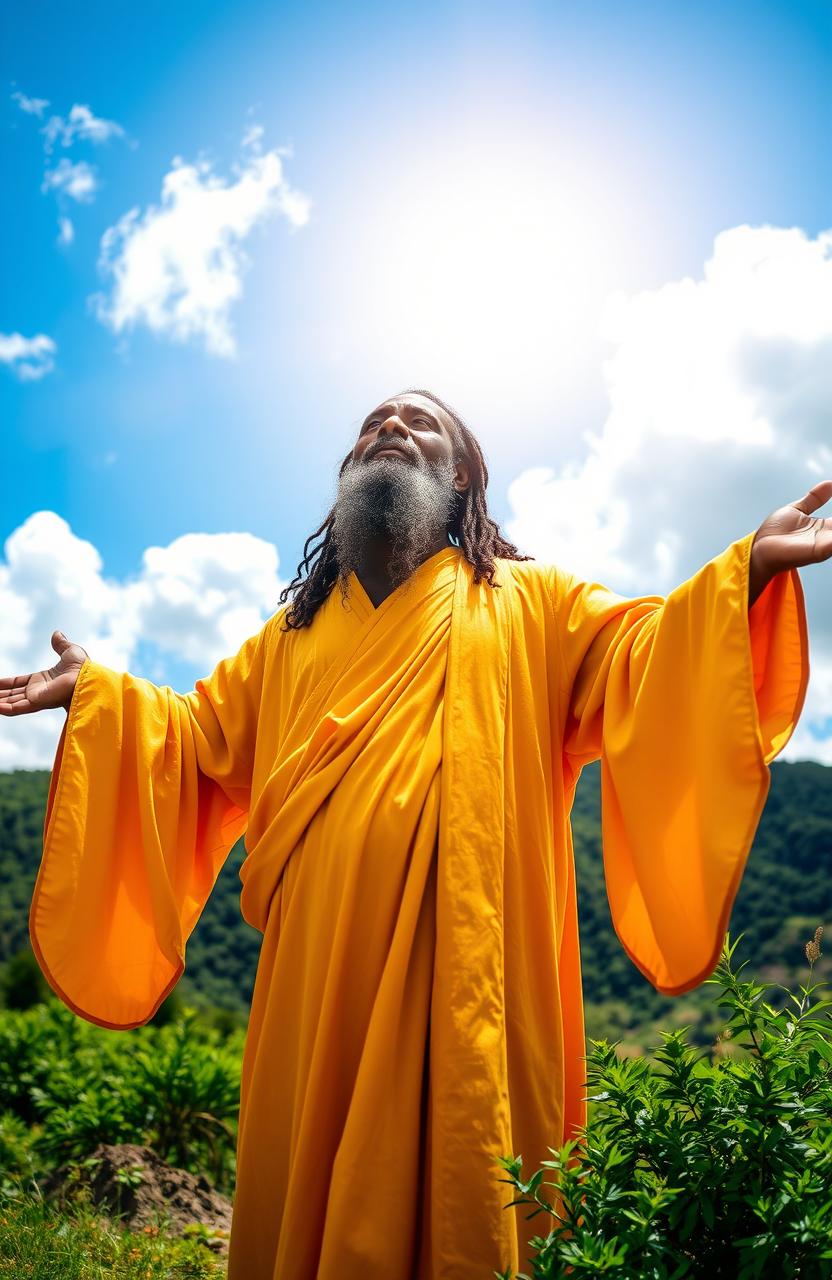 A portrait of a dignified grey-bearded black man dressed in flowing yellow robes, standing on a picturesque hill as he worships the sun