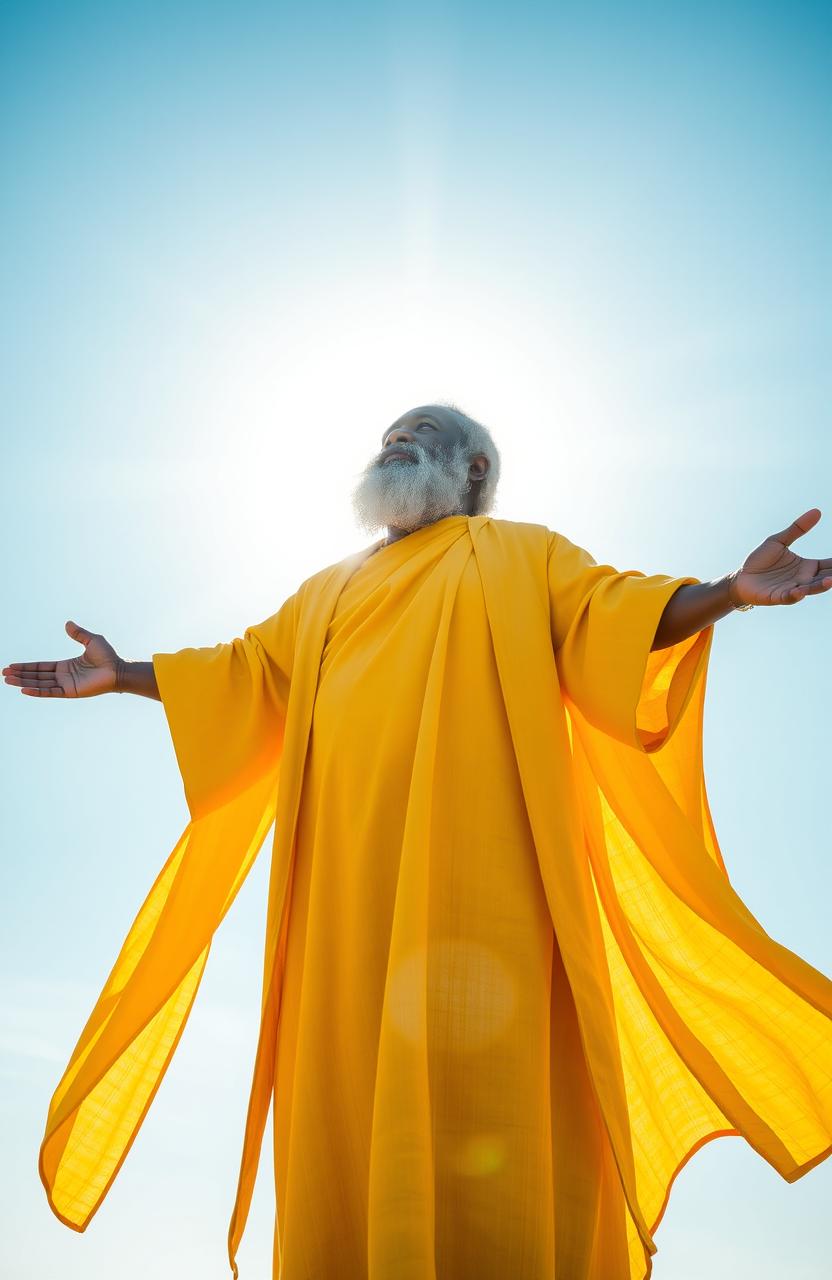 A grey-bearded black man dressed in flowing yellow robes, standing with his arms open wide, facing the sun