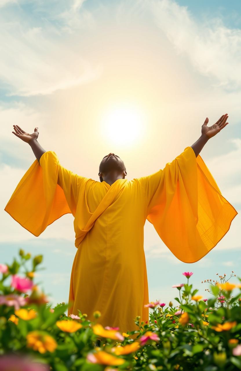 A bearded black man dressed in flowing yellow robes stands with his arms outstretched, facing and worshipping a radiant sun in the sky