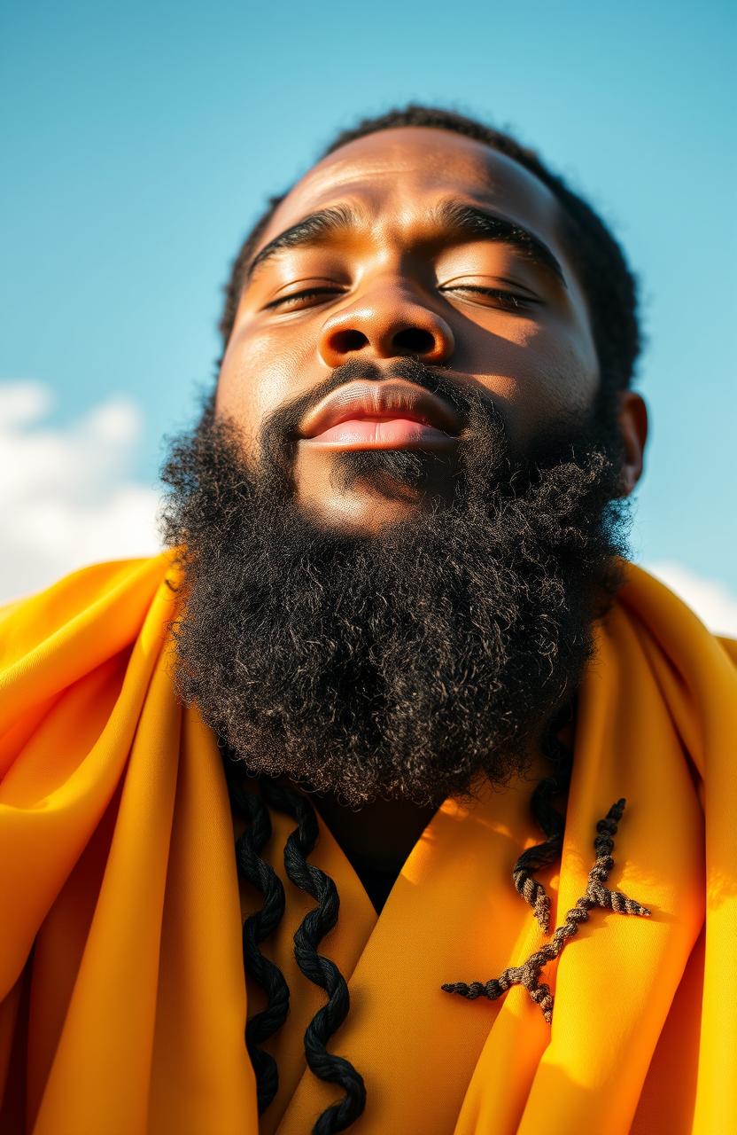A close-up portrait of a bearded Black man wearing flowing, vibrant yellow robes, his face illuminated by warm sunlight