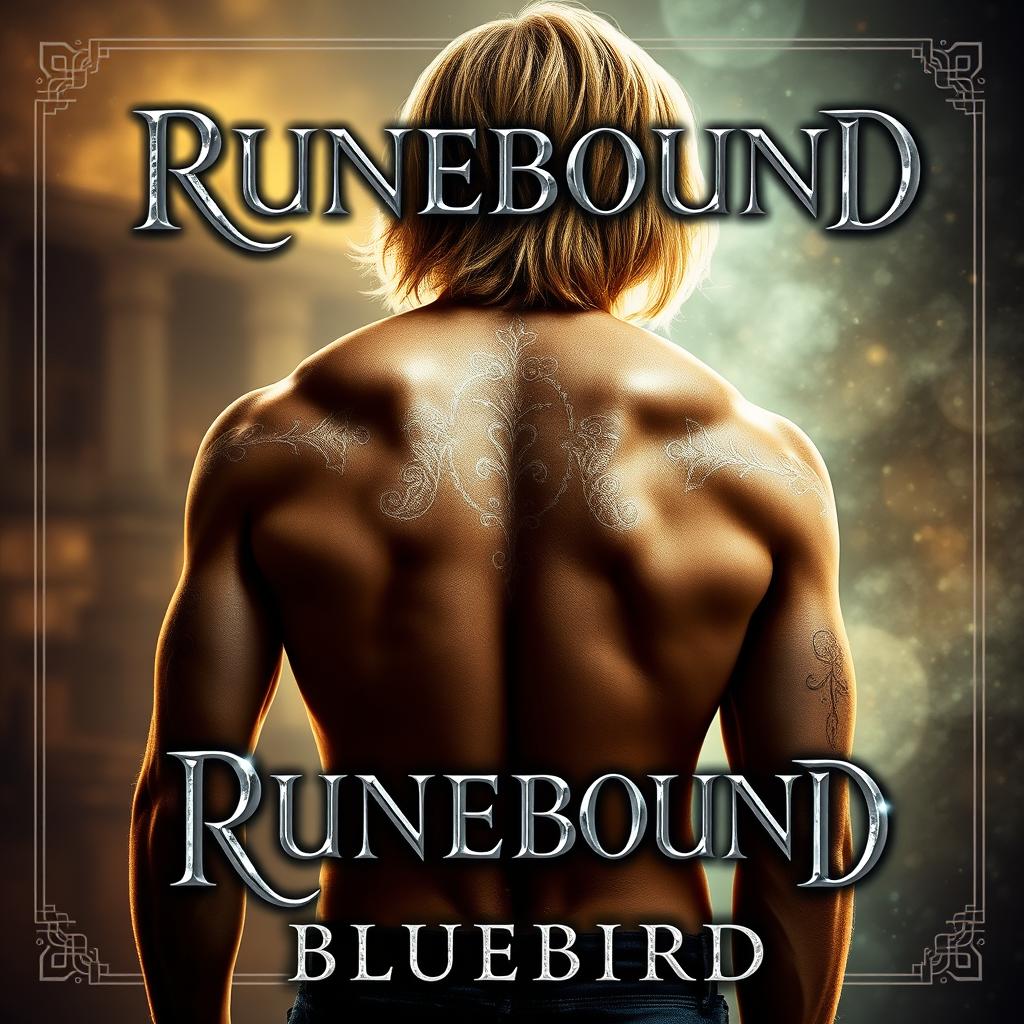 An enchanting fantasy book cover featuring a male figure with his bare back facing the viewer, showcasing luxurious shoulder-length blonde hair