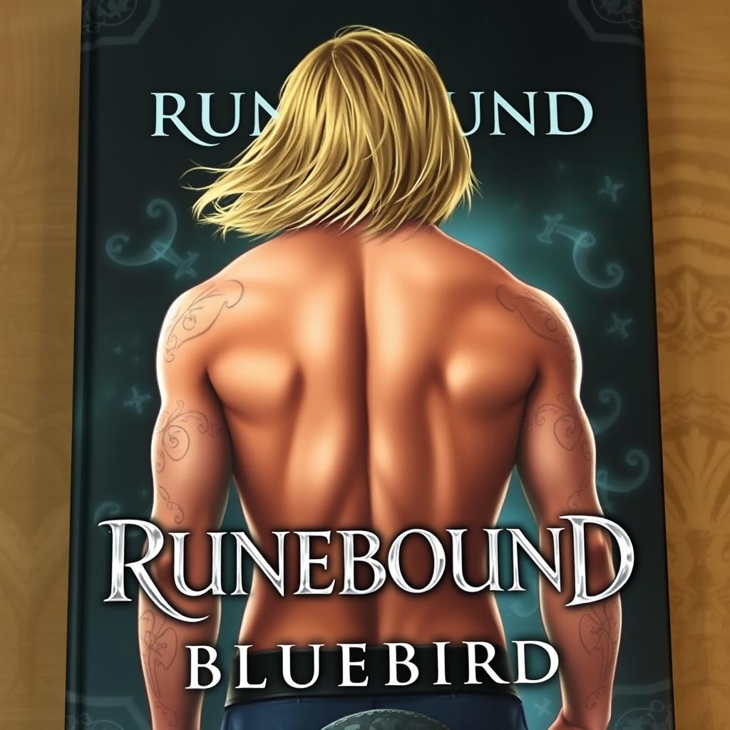 A captivating fantasy book cover showcasing a male figure with his bare back turned towards the viewer, exhibiting flowing shoulder-length blonde hair
