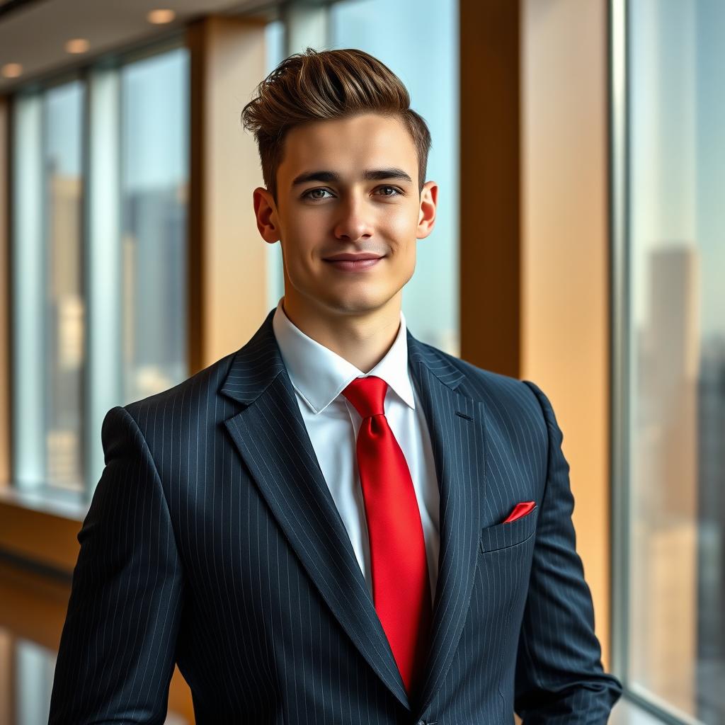 A portrait of a confident young man in a sleek, tailored suit