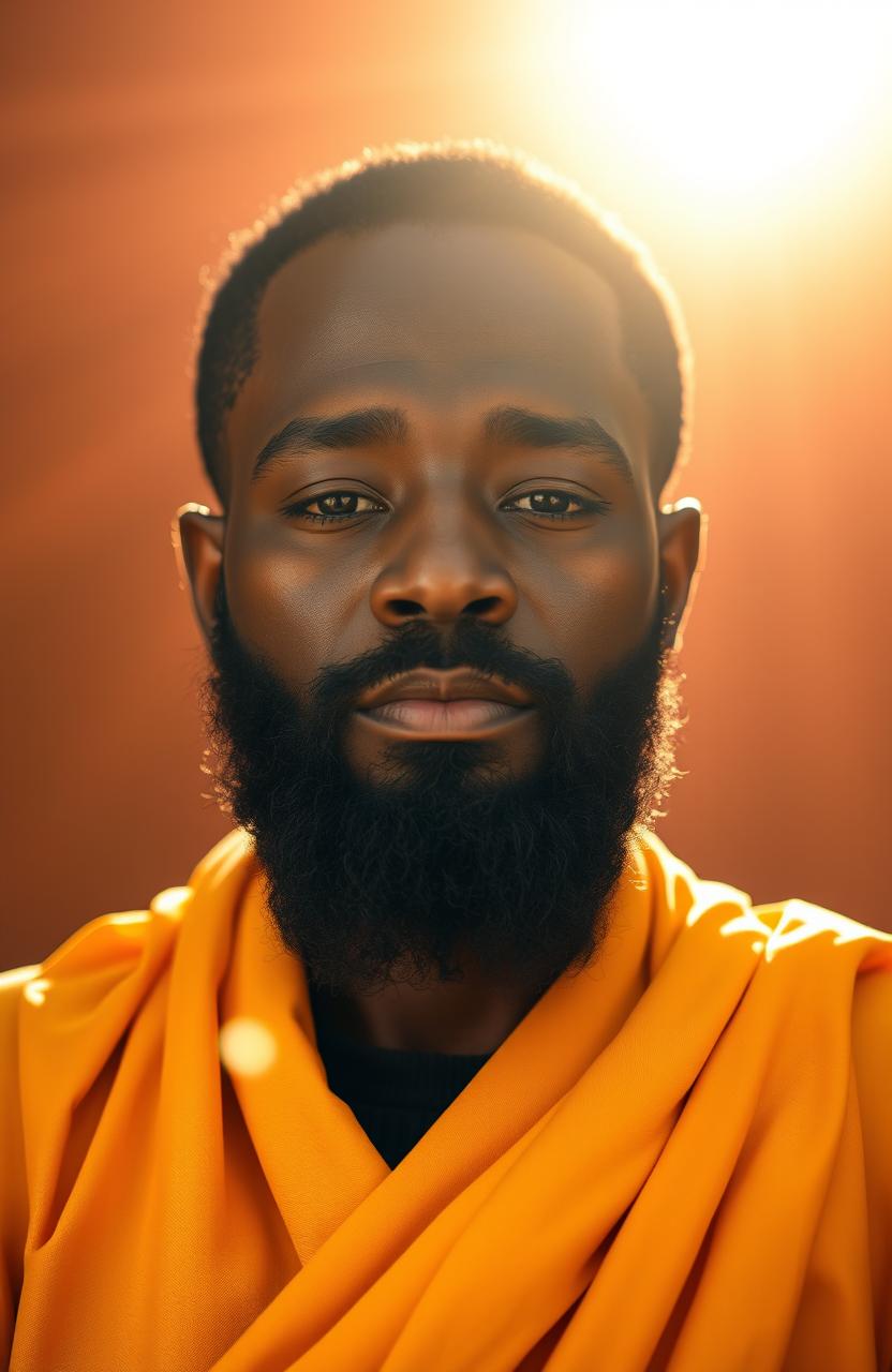 A close up portrait of a bearded black man wearing bright yellow robes, deeply immersed in meditation