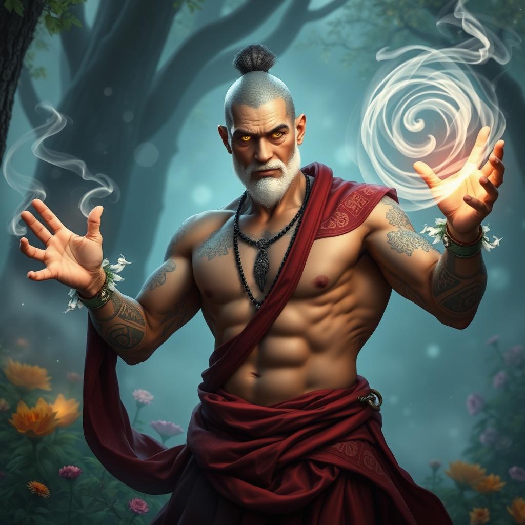 A mystical muscular monk, clad in elaborate robes adorned with ancient symbols, harnessing arcane magic