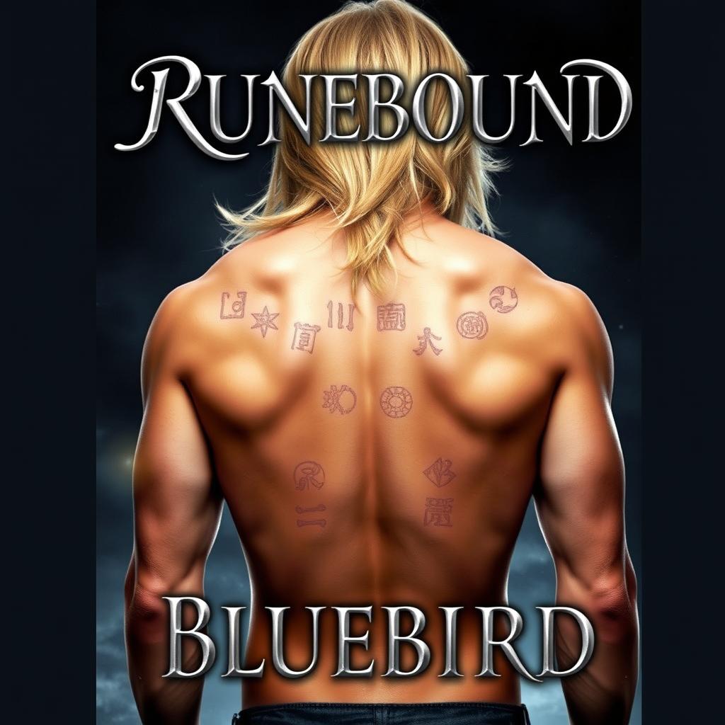 A captivating fantasy book cover featuring a male figure with his bare back facing the viewer, showcasing flowing shoulder-length blonde hair