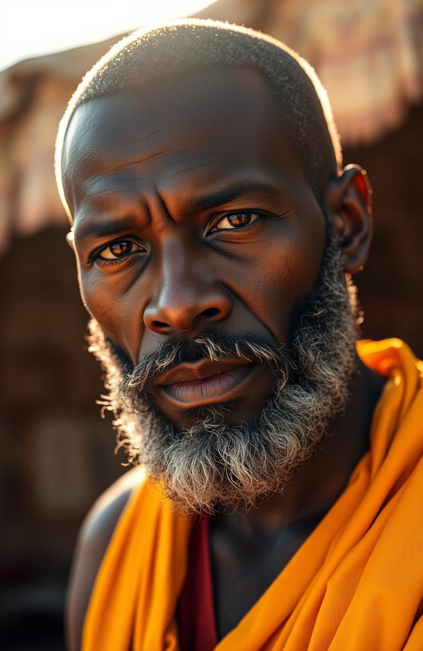 A close-up portrait of a black man with streaks of grey in his beard, dressed in vibrant yellow robes