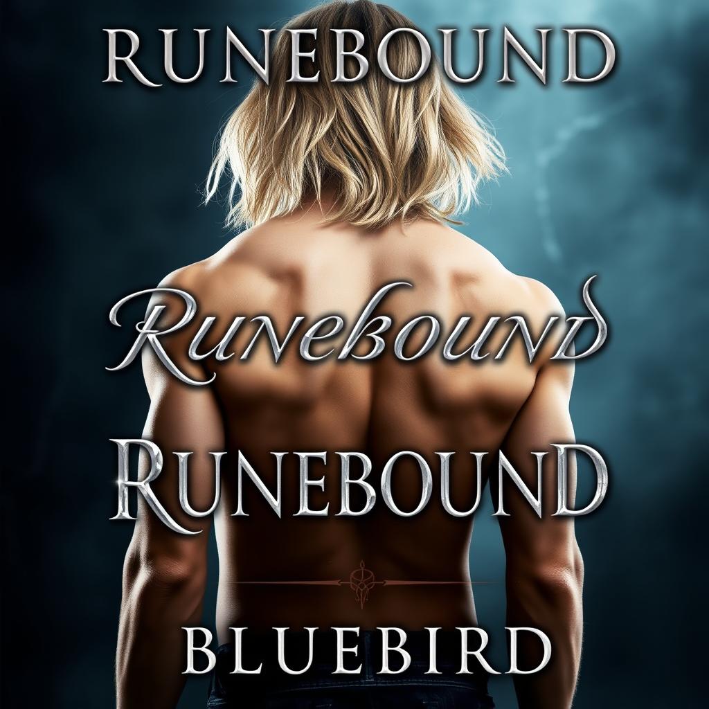 A stunning fantasy book cover depicting a male figure with his bare back turned to the viewer, showcasing flowing shoulder-length blonde hair