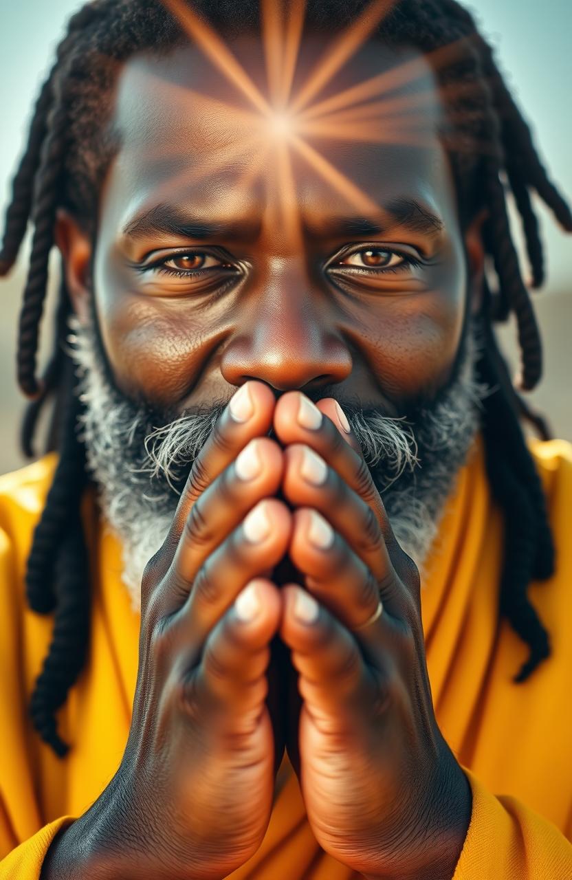 A close-up portrait of a black man with striking streaks of grey in his beard, clasping his hands thoughtfully in front of his face