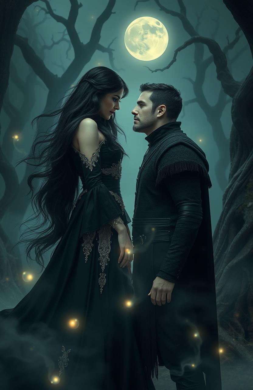 A dark romance scene set in an enchanting fantasy landscape, featuring a mysterious couple locked in an intense gaze amidst a misty forest