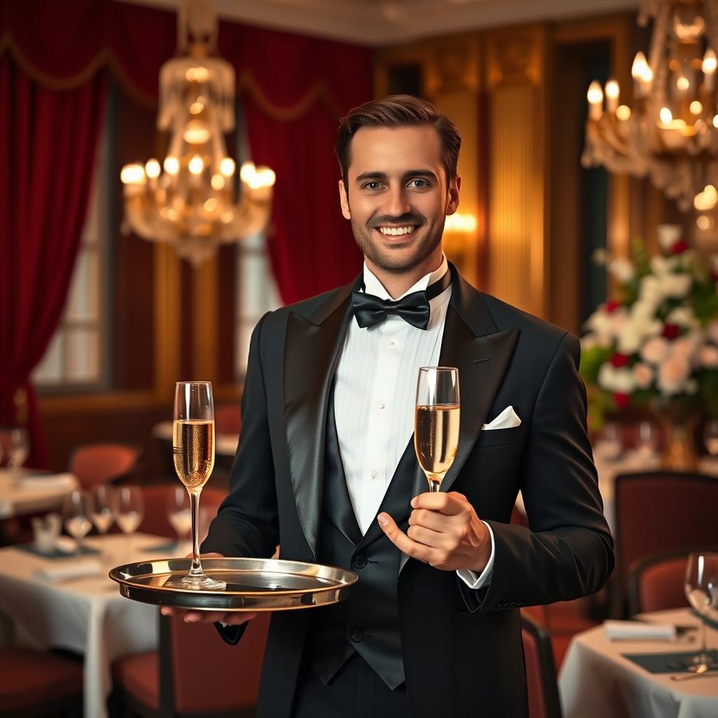 A regal, well-groomed male steward dressed in a sophisticated black tuxedo, complete with a crisp white shirt and a stylish bow tie, standing elegantly in a luxury dining room
