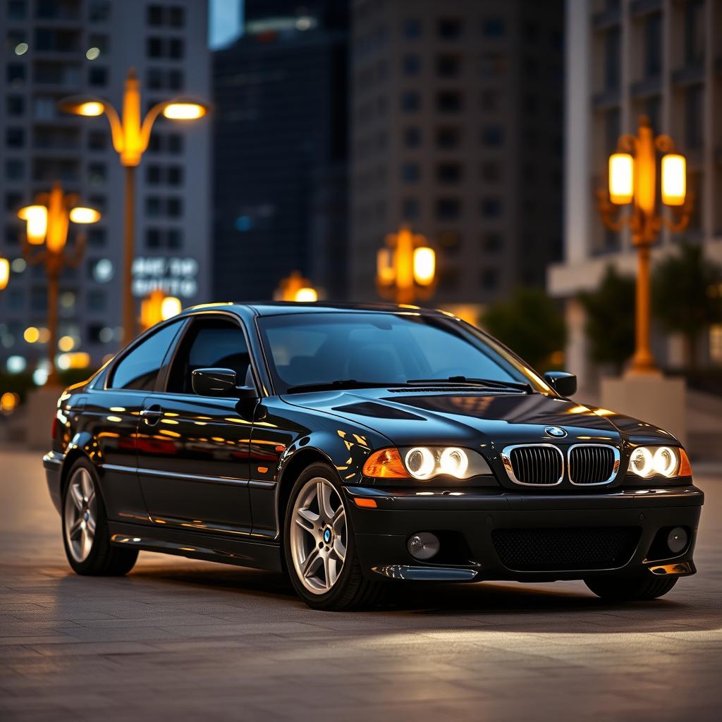 A stunning 1998 BMW E46 in sleek black paint, showcasing its iconic design with sharp lines and curves
